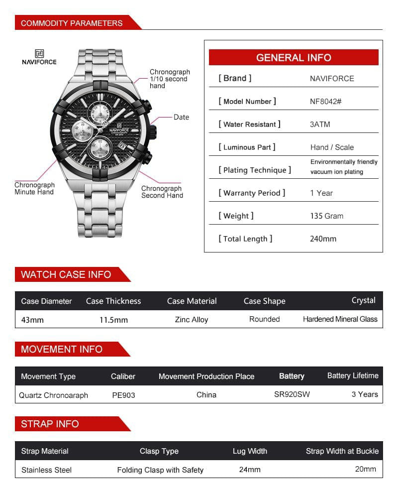 Naviforce Watch For Men NF8042-S-B-S