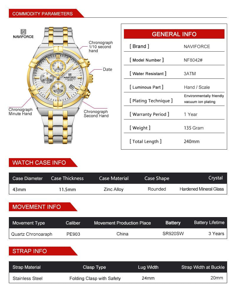 Naviforce Watch For Men NF8042-S-W-G