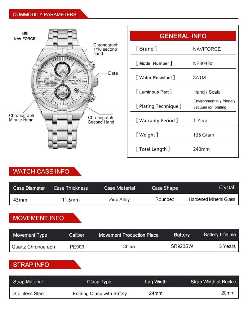 Naviforce Watch For Men NF8042-S-W-S