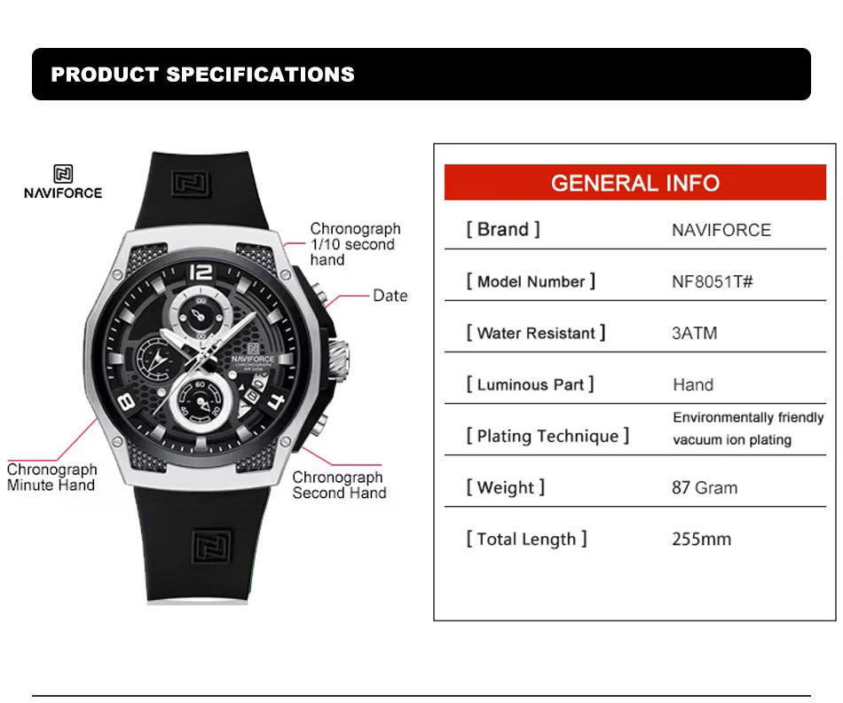 Naviforce Watch For Men NF8051T-S-B-B