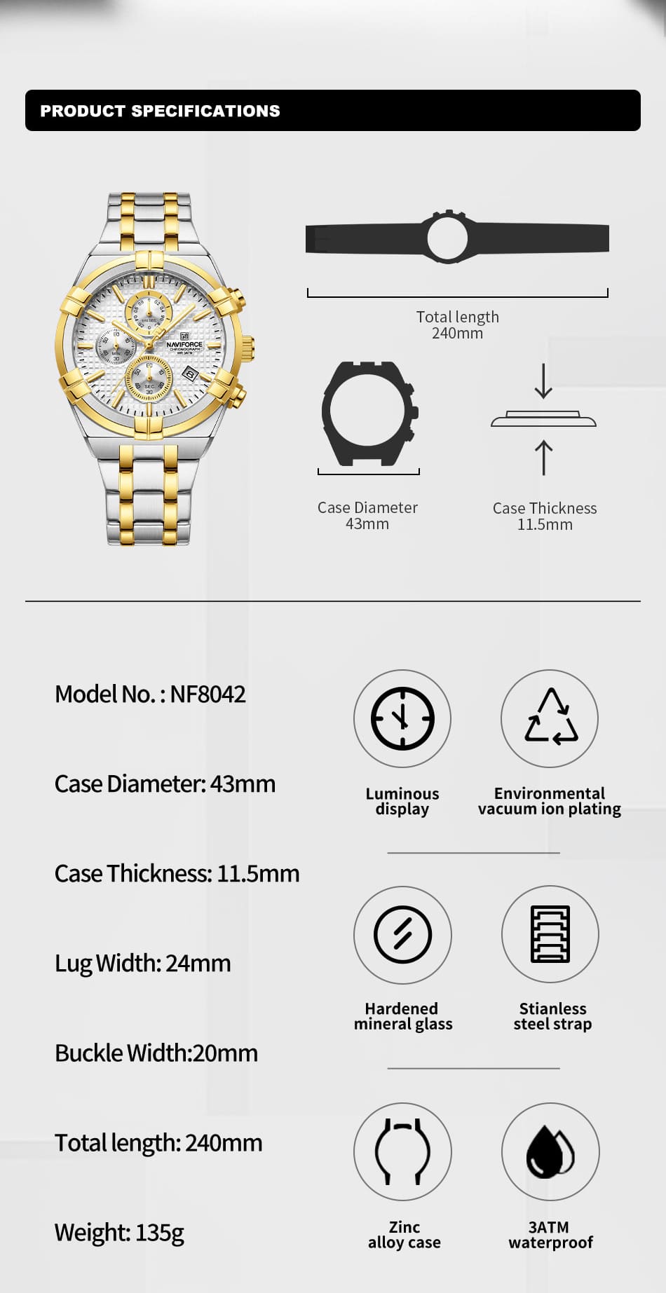 Naviforce Watch For Men NF8042-S-W-G